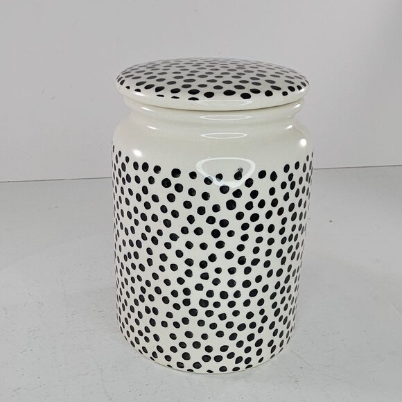 Thyme & Table Polka Dot Stoneware Jar With Lid Dishwasher Safe 5.5" Black & Whit - Picture 1 of 10